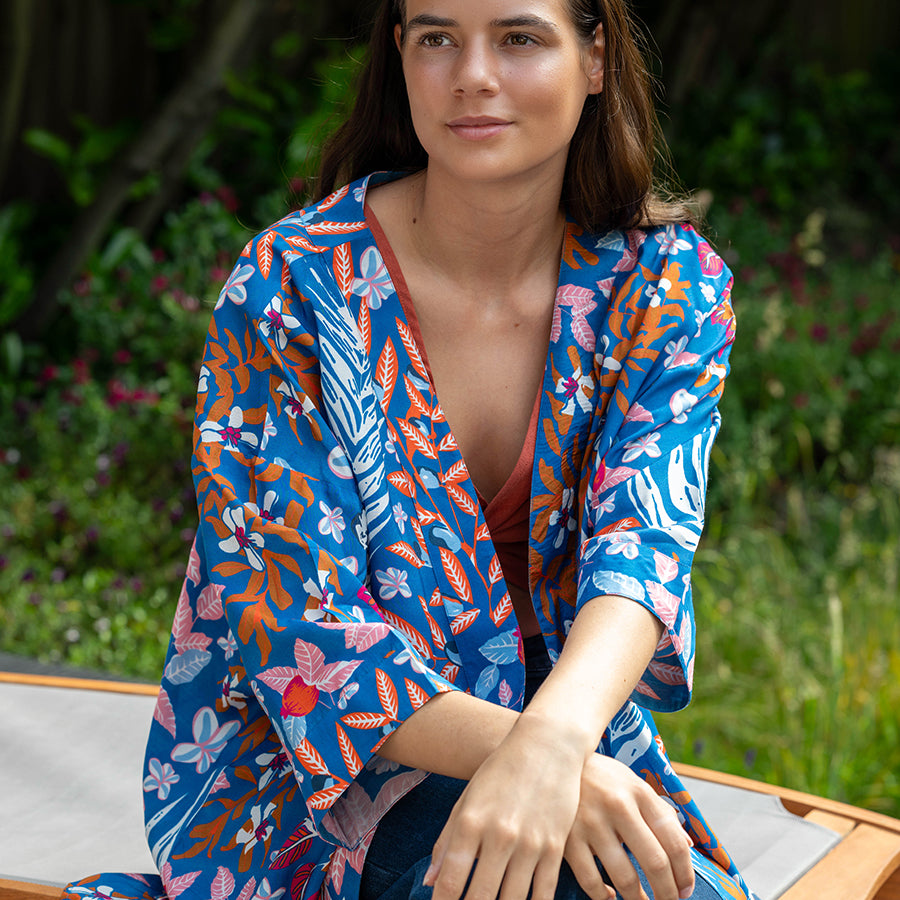 Blue & Rust Botanical Print Long Kimono