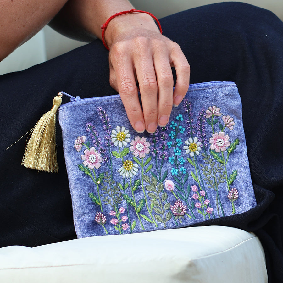 Lilac Floral Embroidered Velvet Pouch Purse