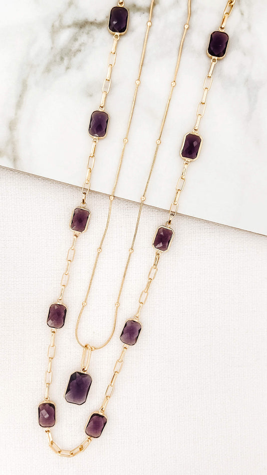 Double Chain Purple Crystal Necklace in Gold