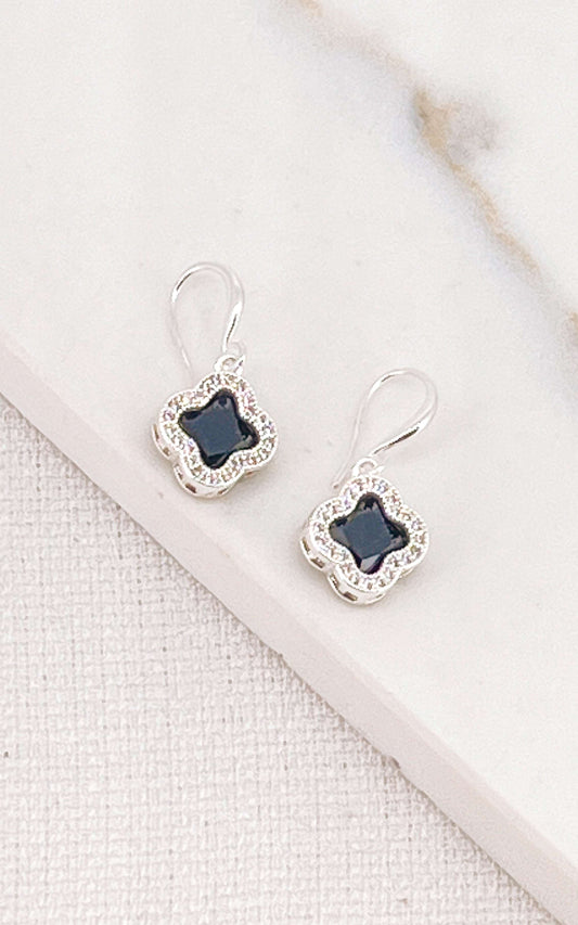Silver Clover Earrings Featuring Black Gemstones