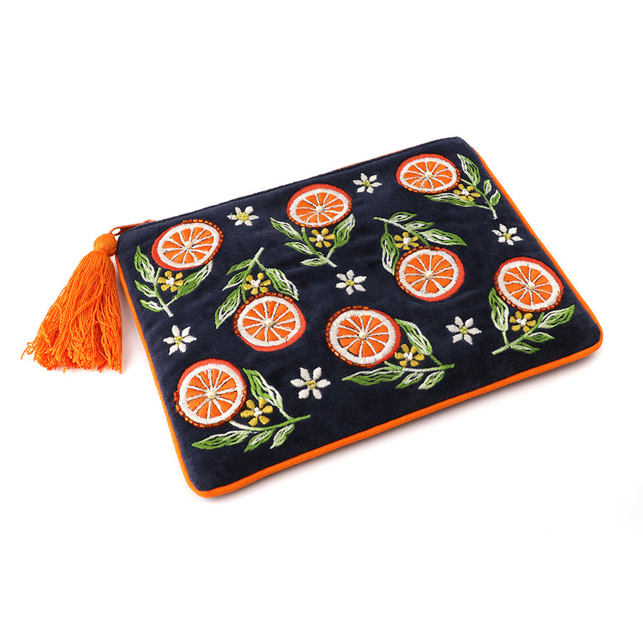 Navy Velvet Embroidered Oranges Pouch Purse