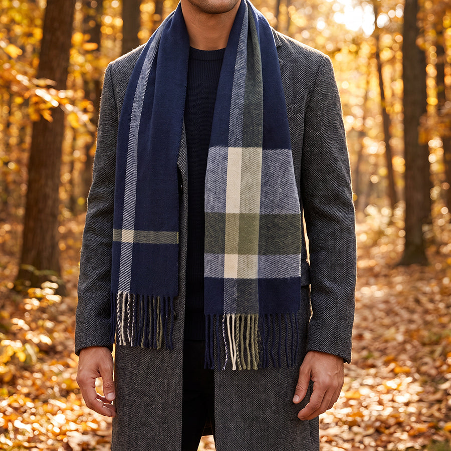 Checkered Recycled Blend Scarf Navy & Khaki