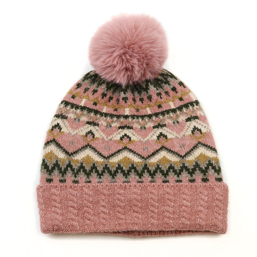 Dusky Pink & Green Fair Isle Bobble Hat