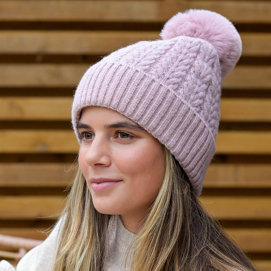 Dusty Pink Cable Knit Bobble Hat