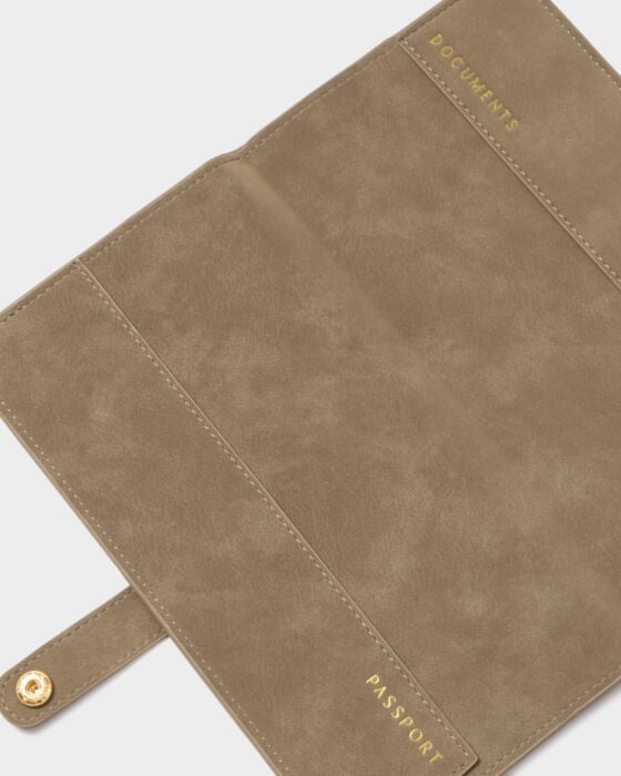 Katie Loxton Suedette Travel Wallet ‘Adventure Awaits’ in Taupe