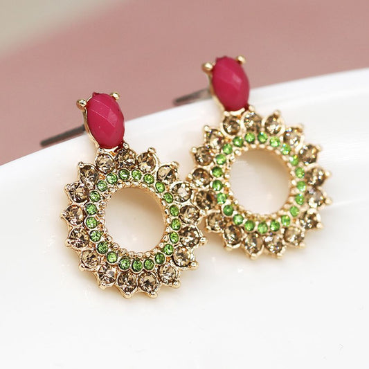 Golden Finish Pink and Green Crystal Wreath Earrings