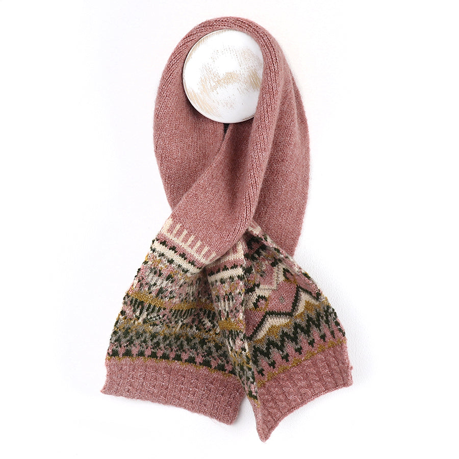Fairisle Border Scarf in Dusty Pink & Green