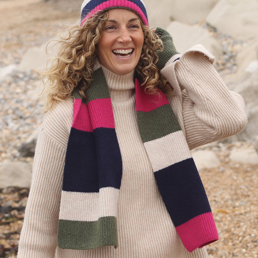 Striped Scarf in Khaki, Pink & Navy