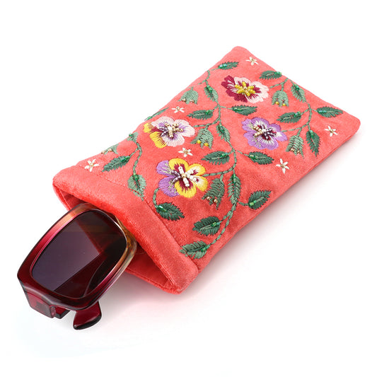 Red Embroidered Pansies Velvet Glasses Pouch