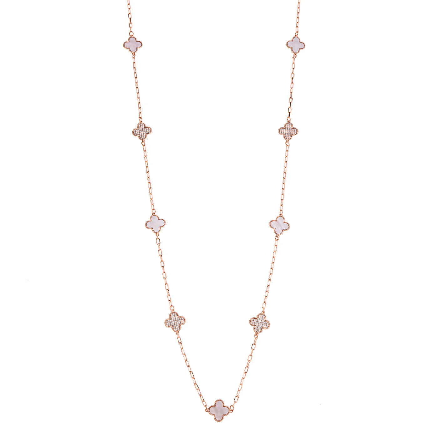 Rose Gold Long Necklace With Clover Charms