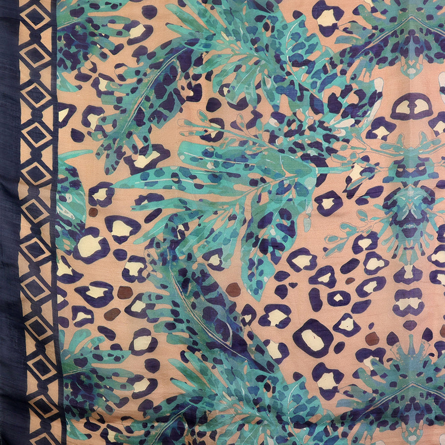 Animal & Botanical Print Silk Scarf Navy & Camel