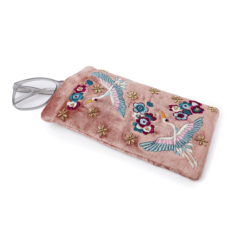 Cranes & Flowers Embroidered Velvet Glasses Pouch