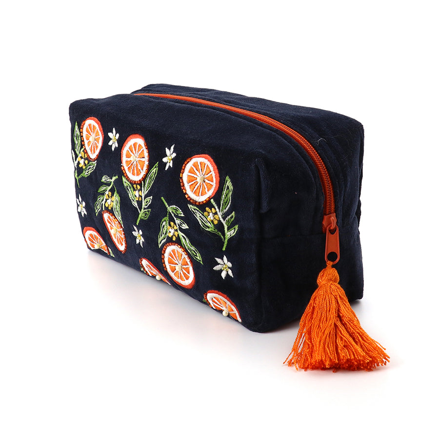 Navy Velvet with Embroidered Oranges Cosmetic Bag