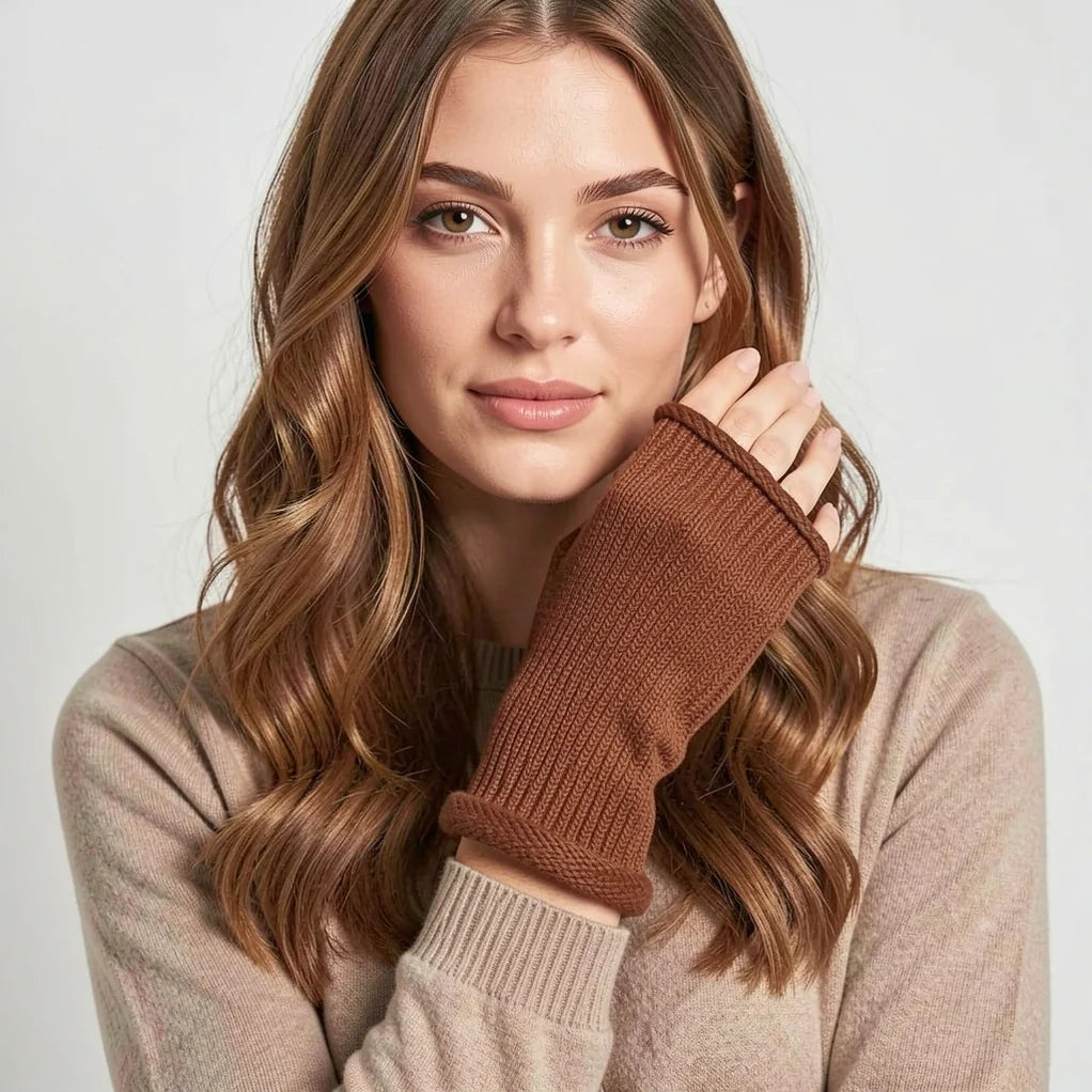 Ladies Knit Fingerless Gloves Mocha Mousse