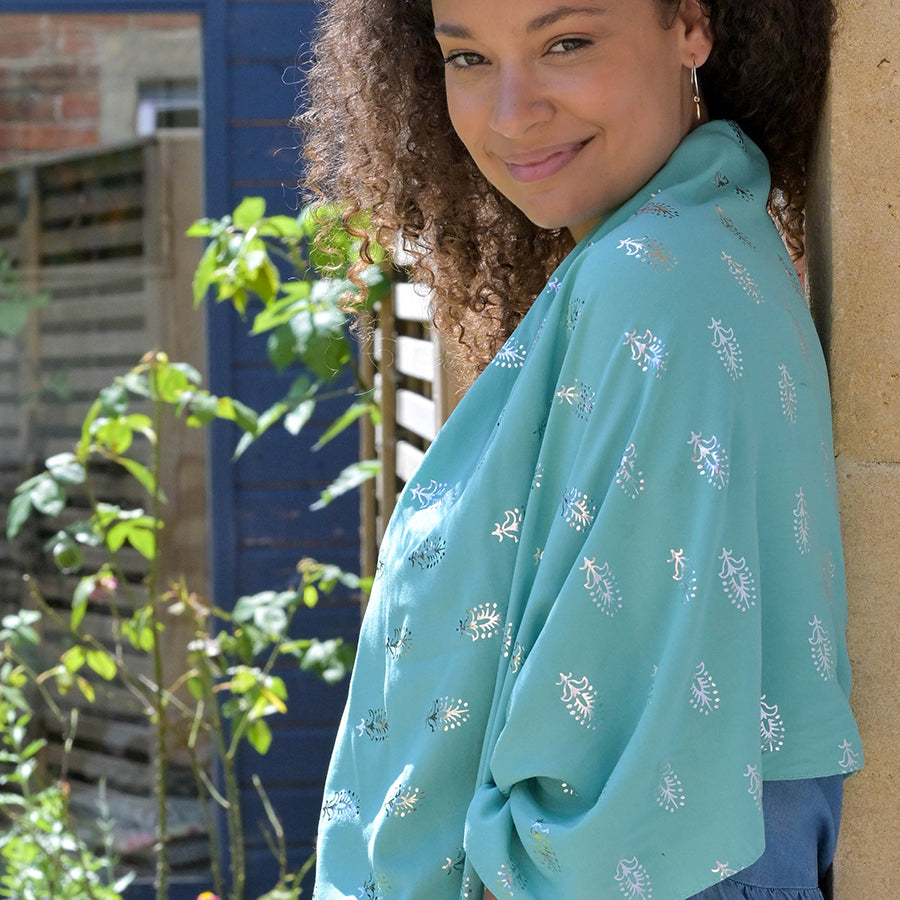 Aqua & Metallic Feather Print Recycled Scarf