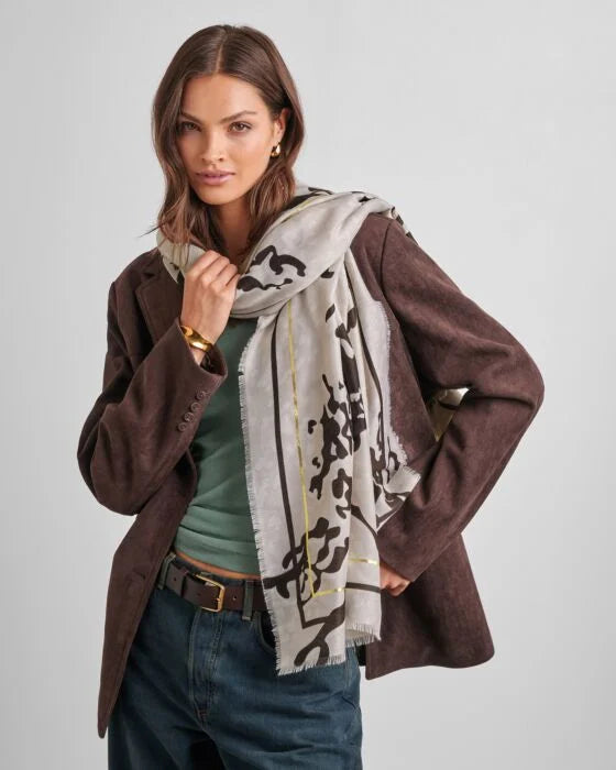 Katie Loxton Animal Print Foil Scarf in Taupe, Chocolate & Gold