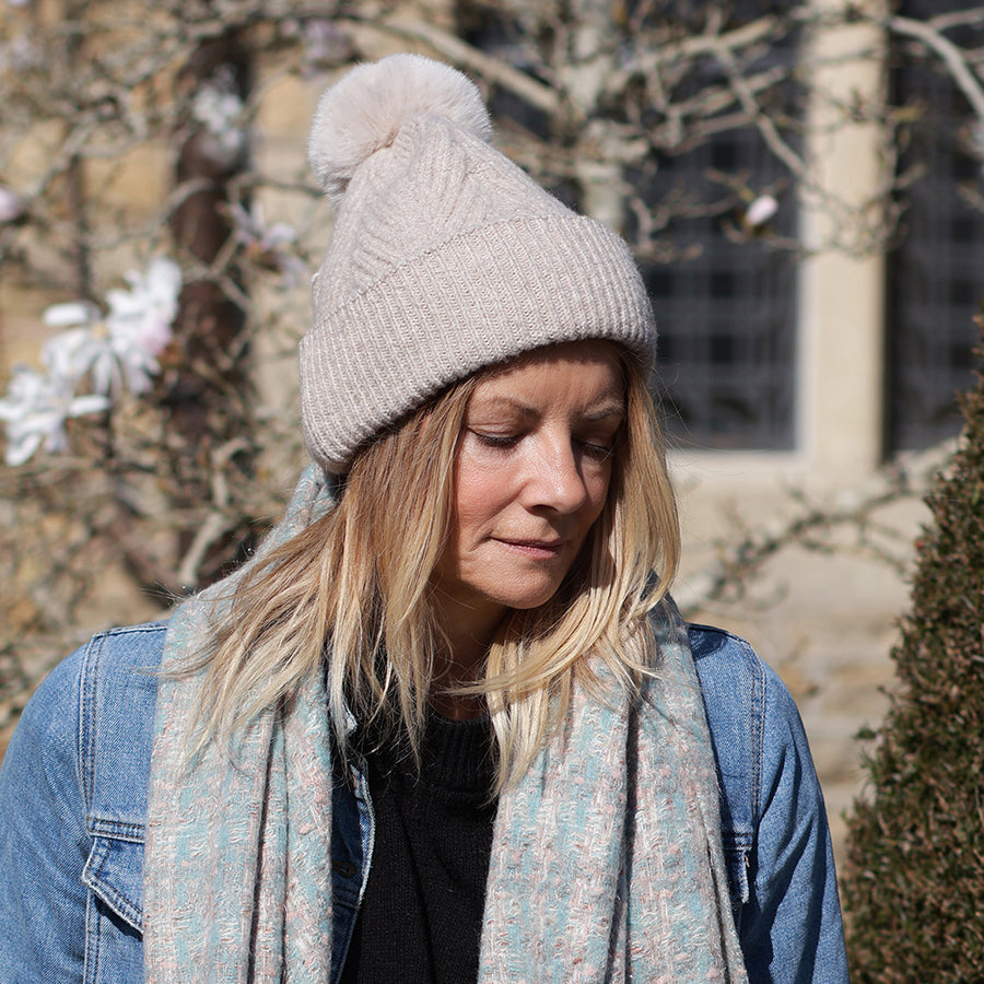 Herringbone Knit Bobble Hat Oatmeal