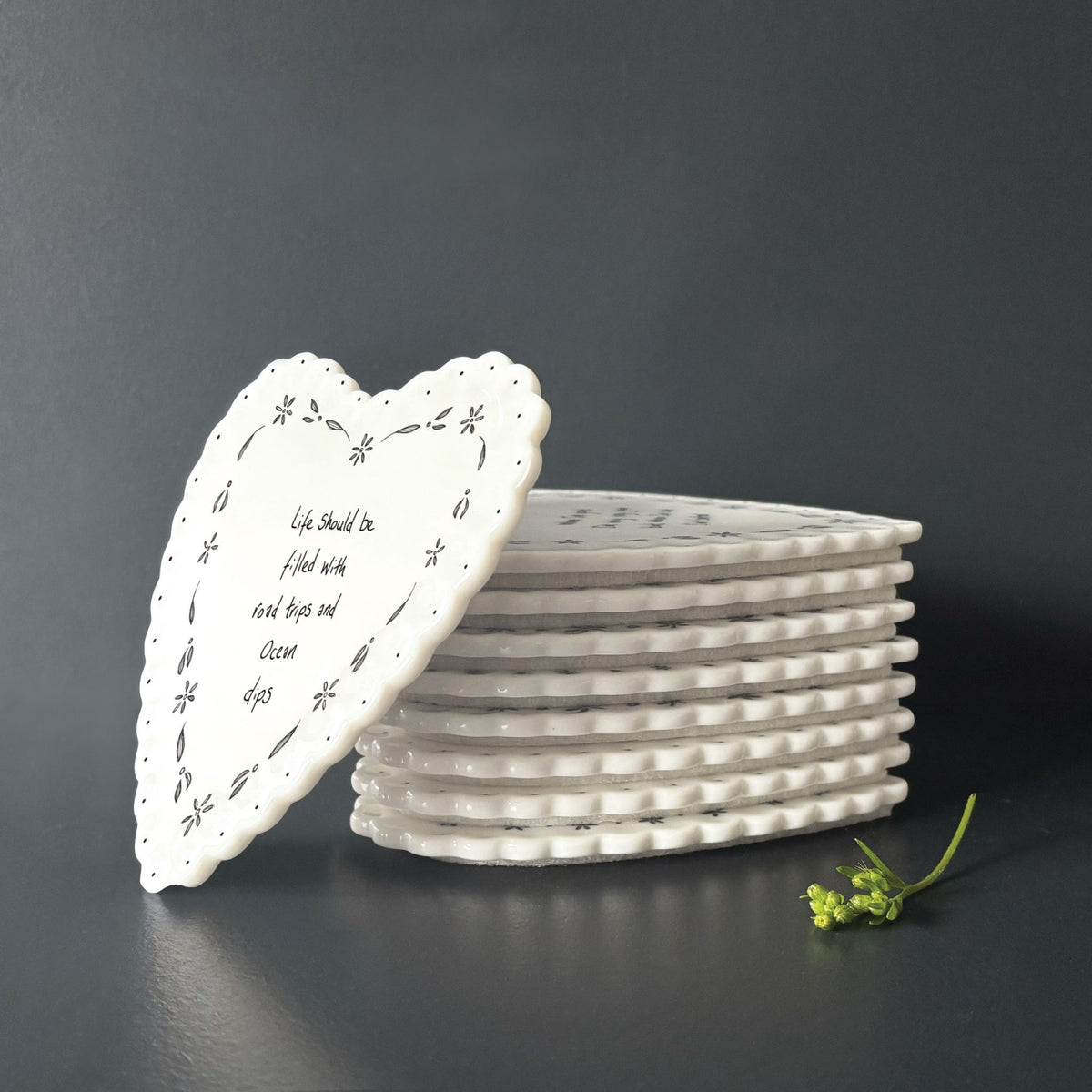 Porcelain Scalloped Heart Coaster Life Filled With Ocean Dips
