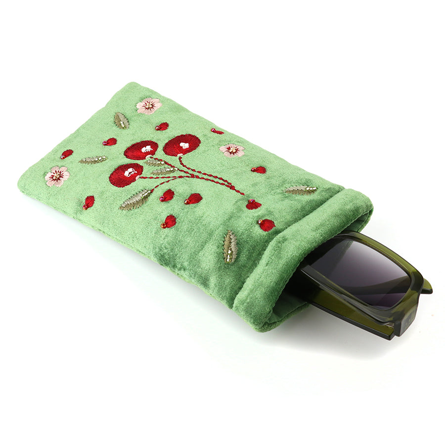Green Velvet Embroidered Cherries Glasses Pouch