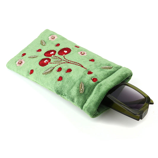 Green Velvet Embroidered Cherries Glasses Pouch