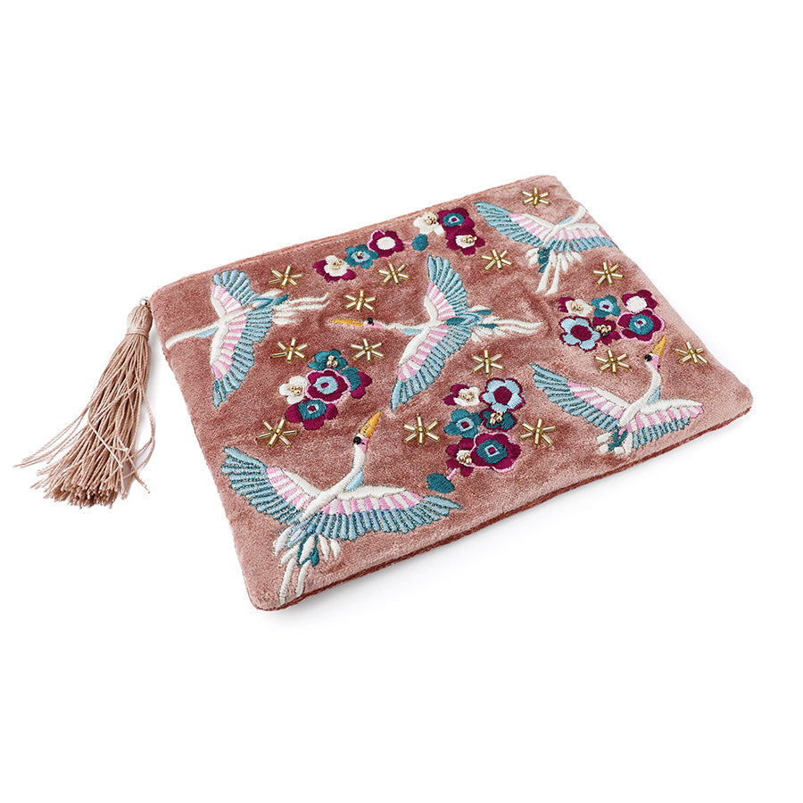 Cranes & Flowers Embroidered Velvet Pouch Purse