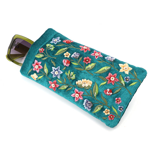 Teal Velvet Embroidered Flowers Glasses Pouch