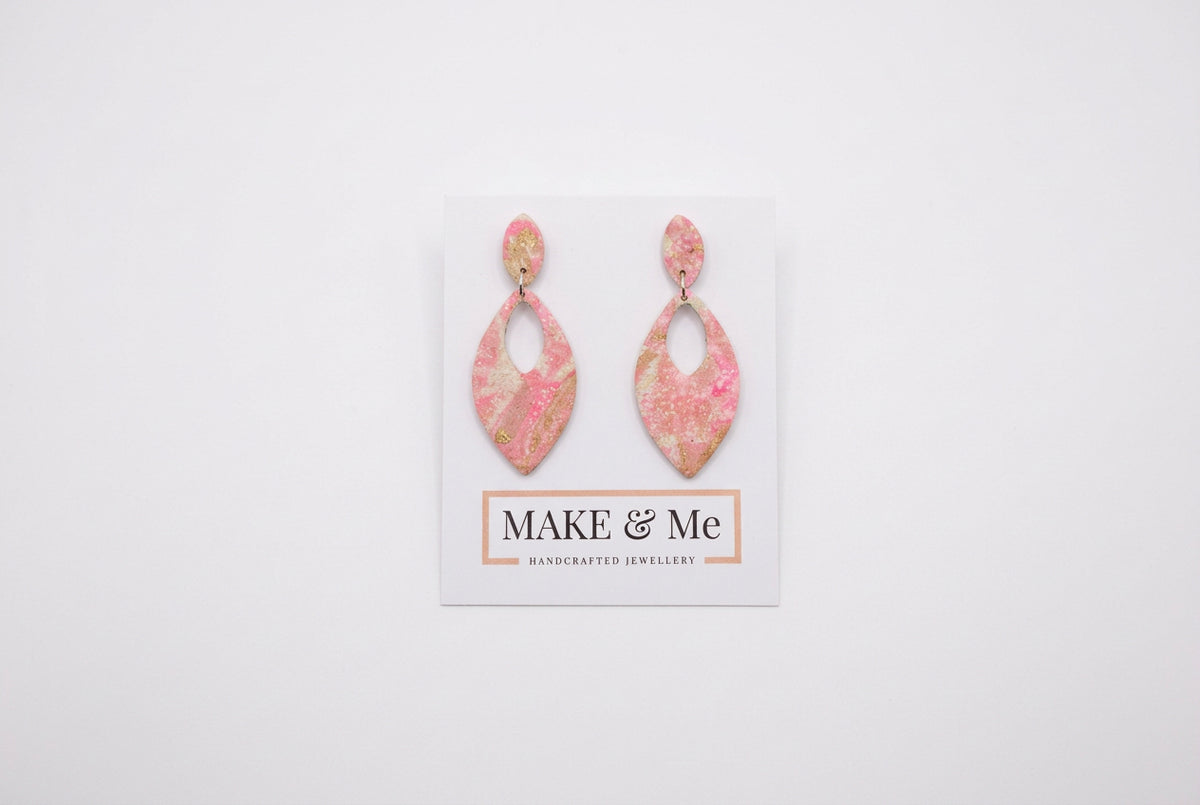 Pink Leather Navette Drop Earrings