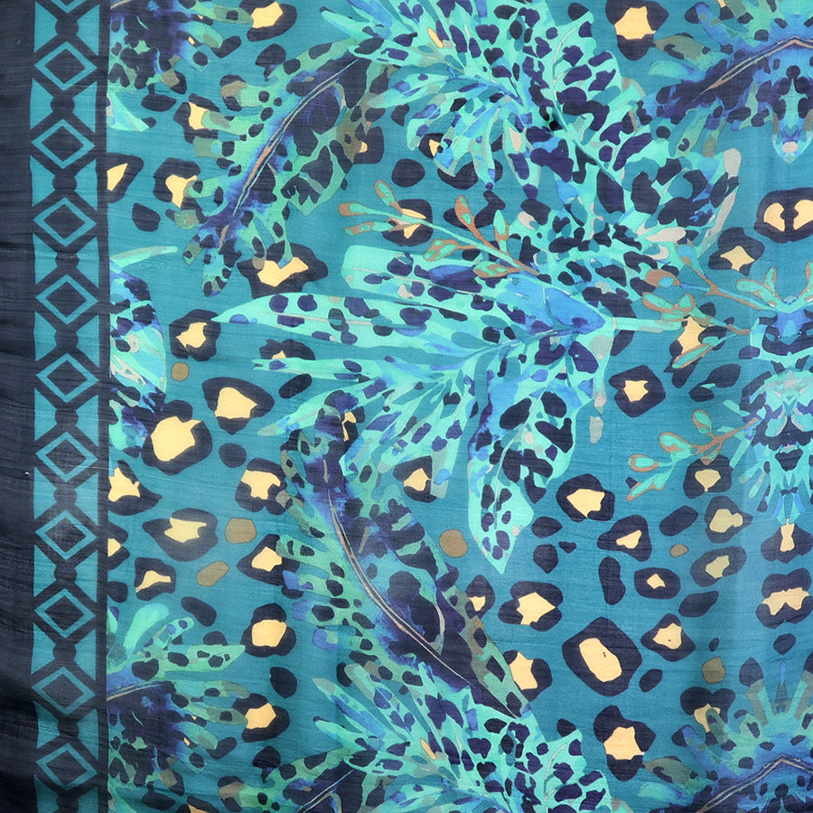 Animal & Botanical Print Silk Scarf Navy & Teal