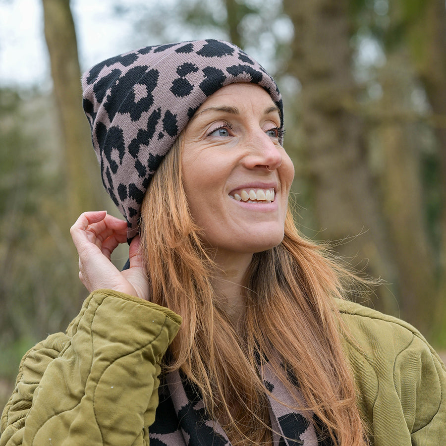 Taupe & Black Animal Print Beanie Hat