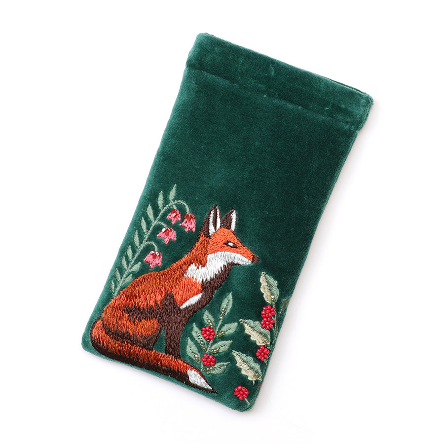 Woodland Fox Embroidered Velvet Glasses Pouch