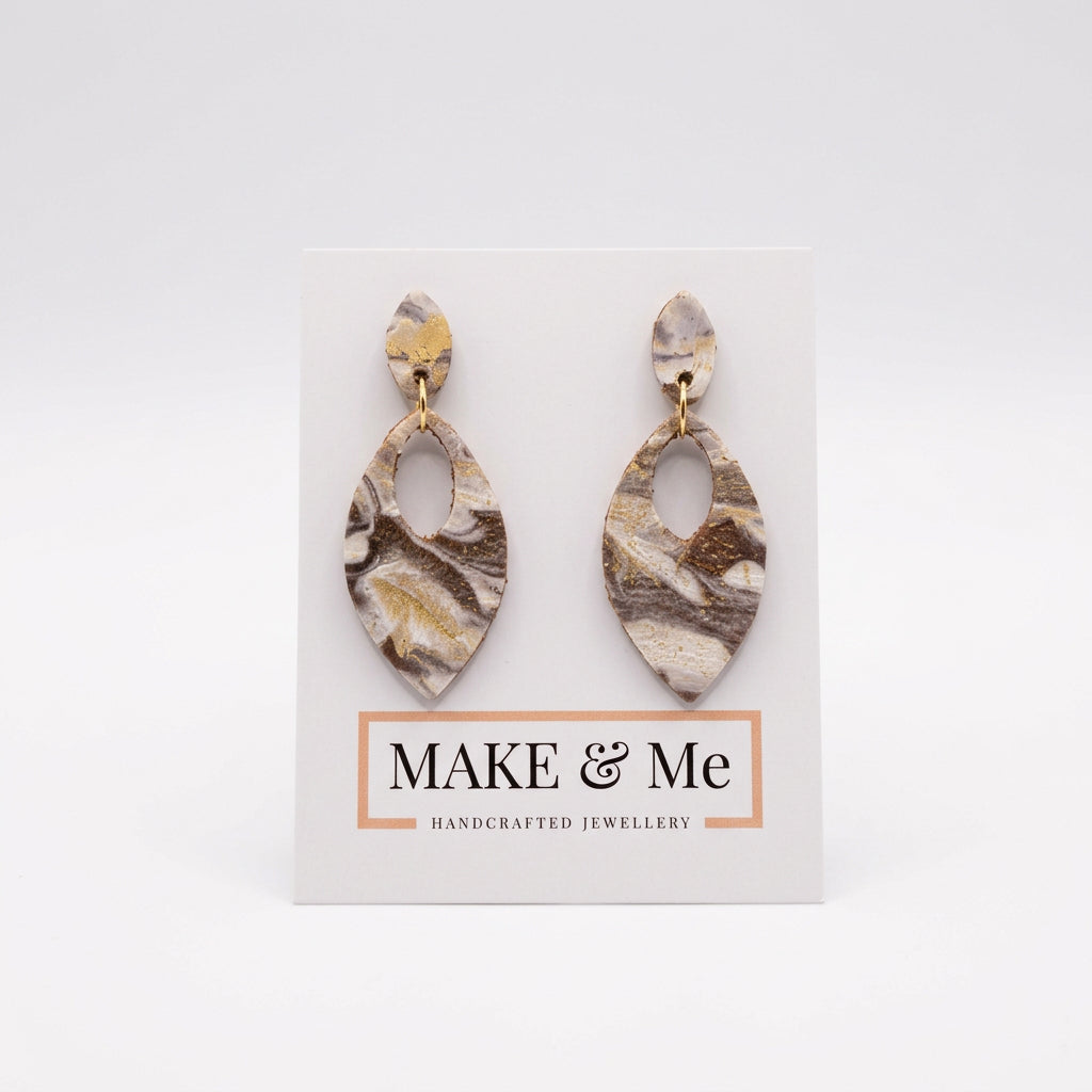 Brown Marble Leather Navette Drop Earrings
