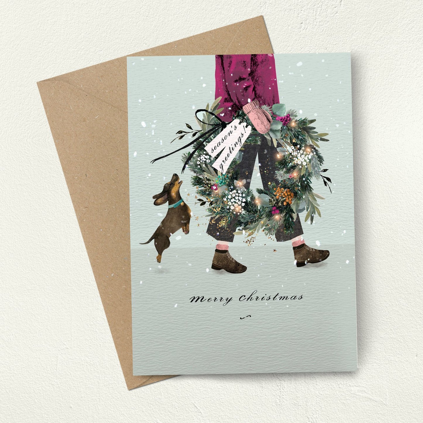 Christmas Wreath Sausage Dog Greetings Card