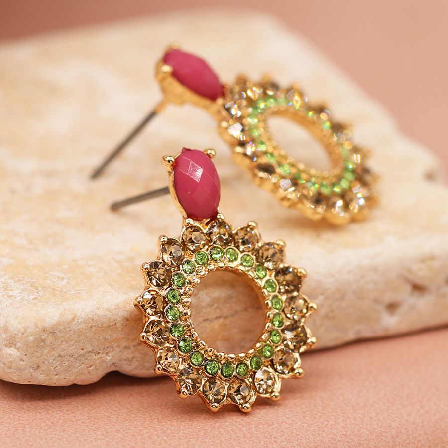 Golden Finish Pink and Green Crystal Wreath Earrings