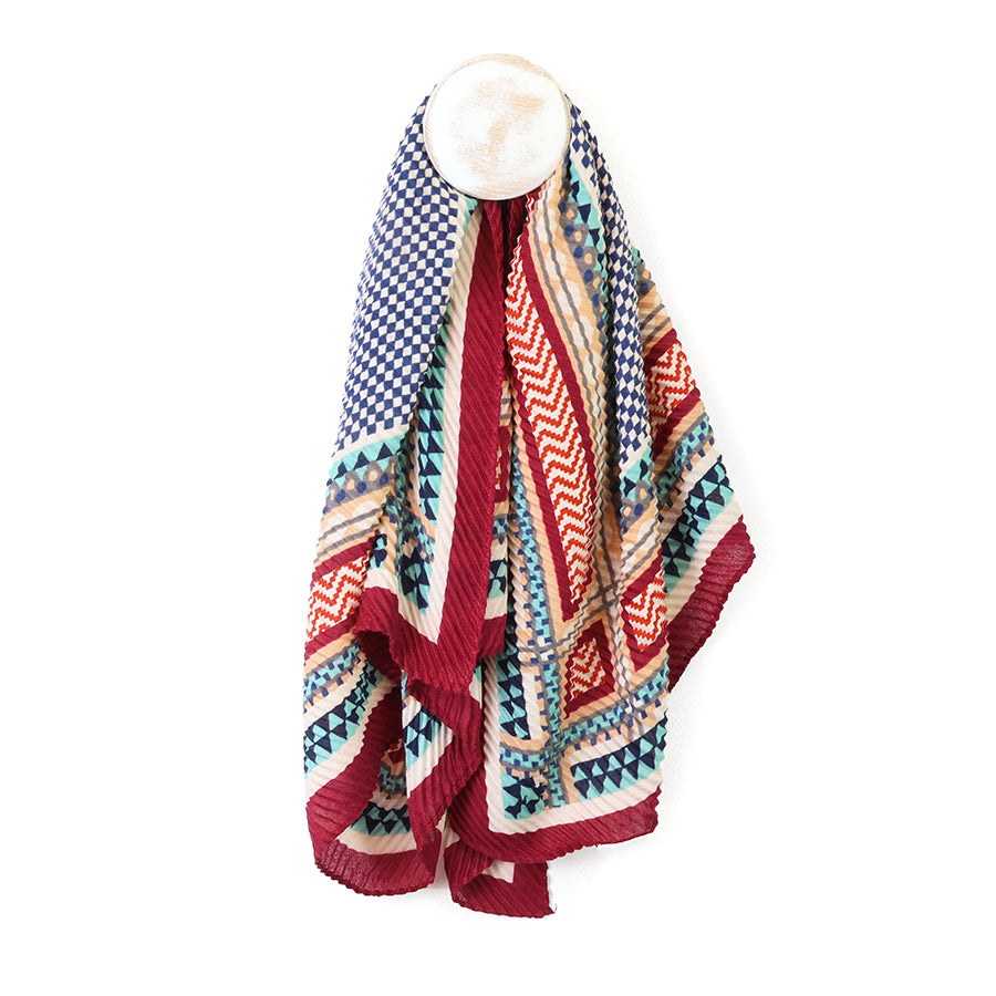 Square Crinkle Scarf in Wine, Ecru & Blue