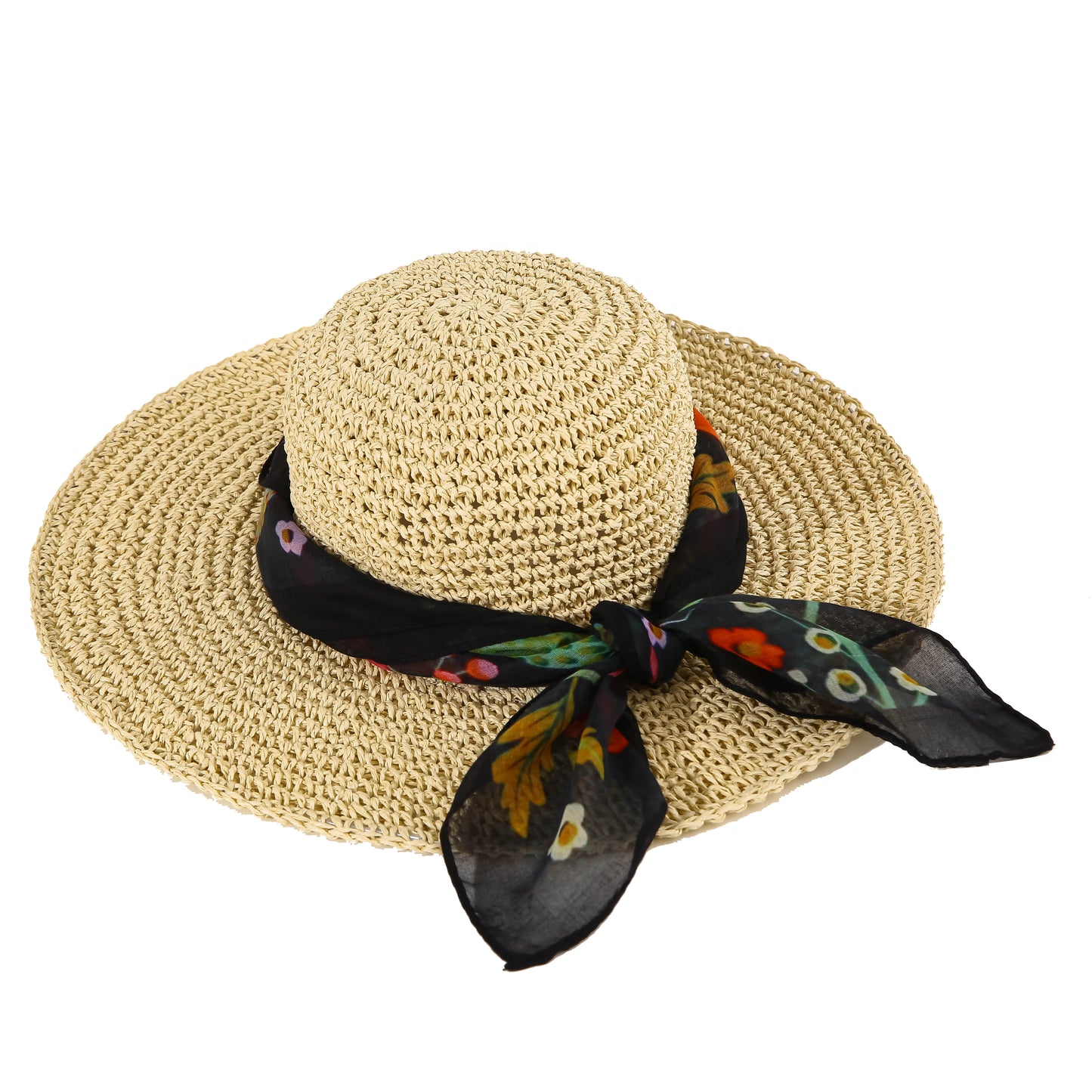 Sun Hat With Black Floral Detachable Scarf