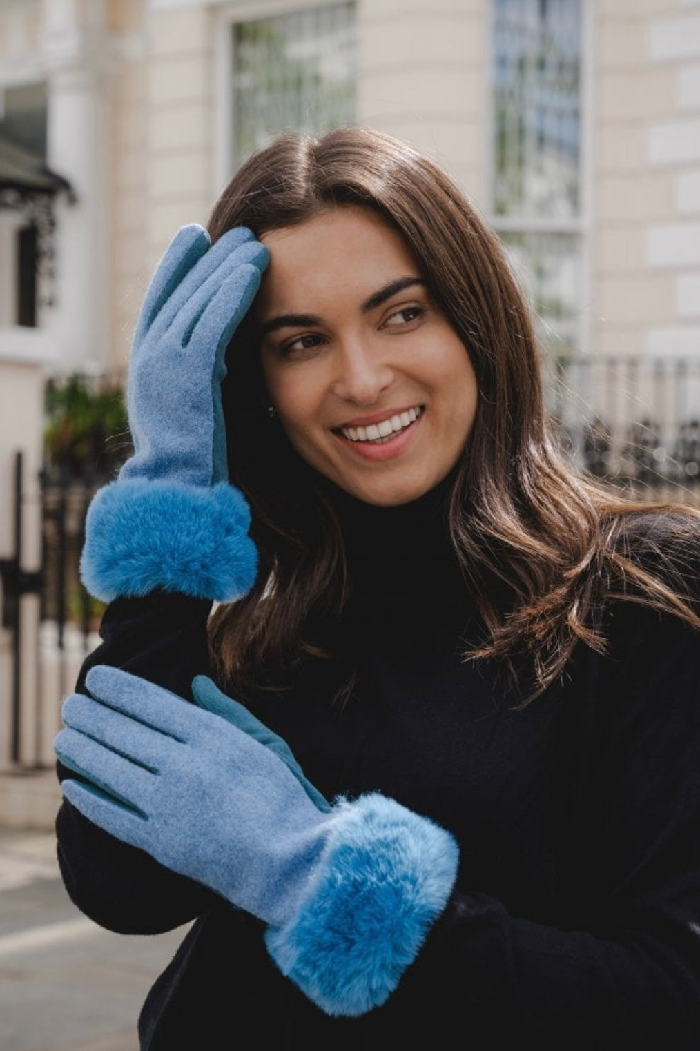 Ladies Gloves With Fur Cuff Denim