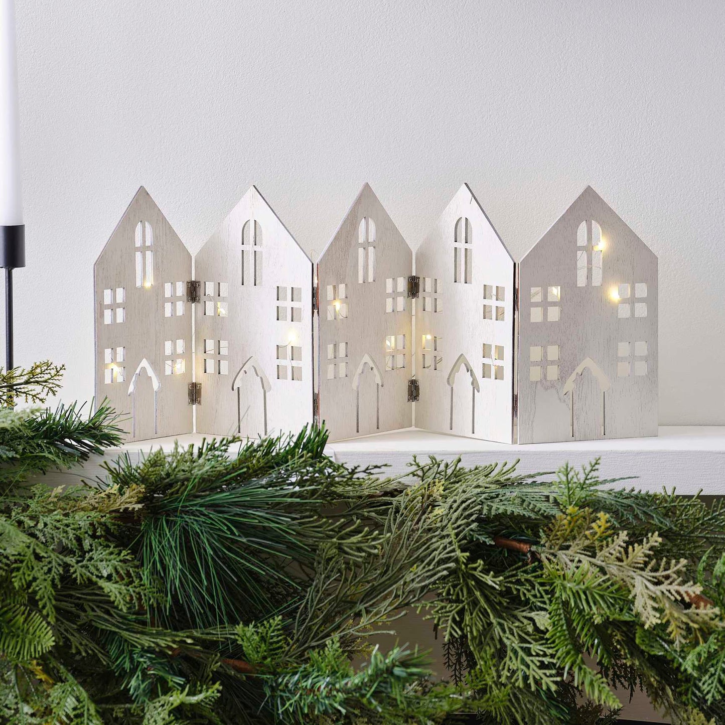 Fold Out Wooden Christmas Houses with String Lights