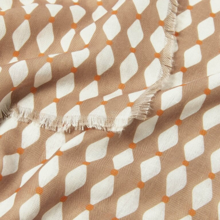 Geometric Diamond Printed Scarf in Taupe, White & Orange