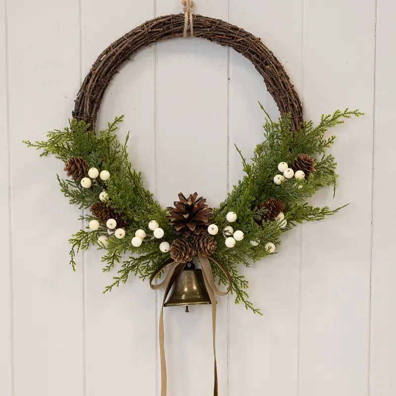 Twig Wreath With White Berries, Pinecone & Bell