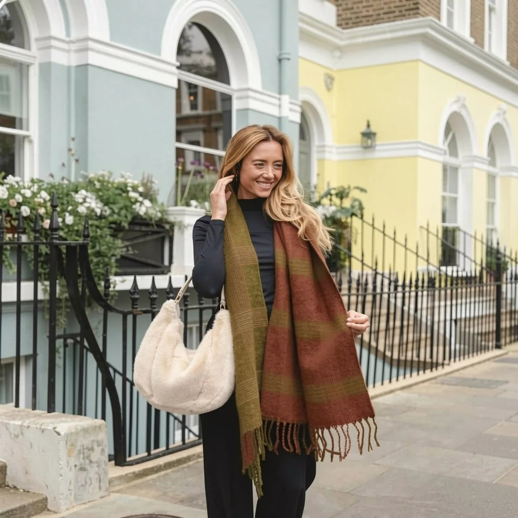 Check Tasseled Scarf Rust & Green