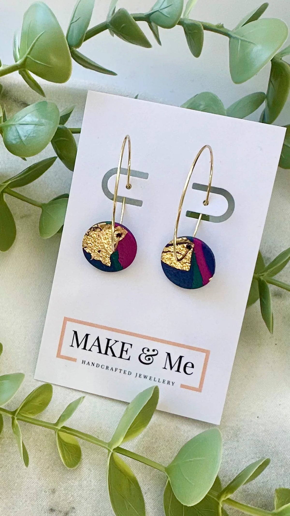 Abstract Button Hoop Earrings Gold