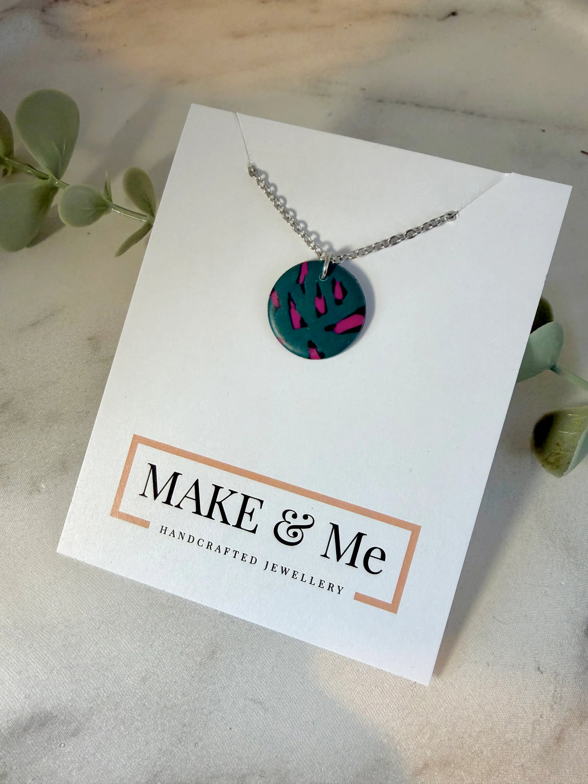 Leopard Print Button Necklace Silver,Green & Pink