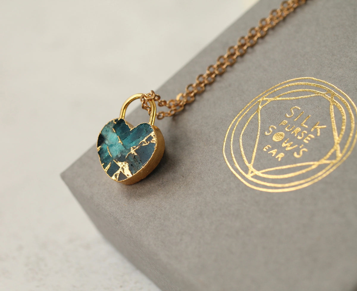 Padlock Heart Turquoise Gemstone Necklace Gold