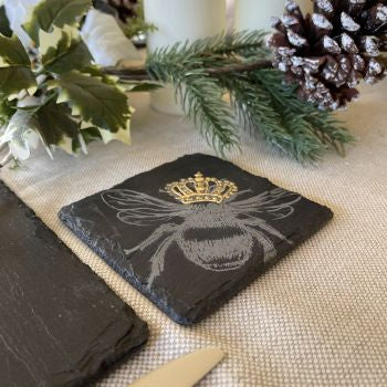 Two Gold Leaf Slate Coasters - Crowned Bee