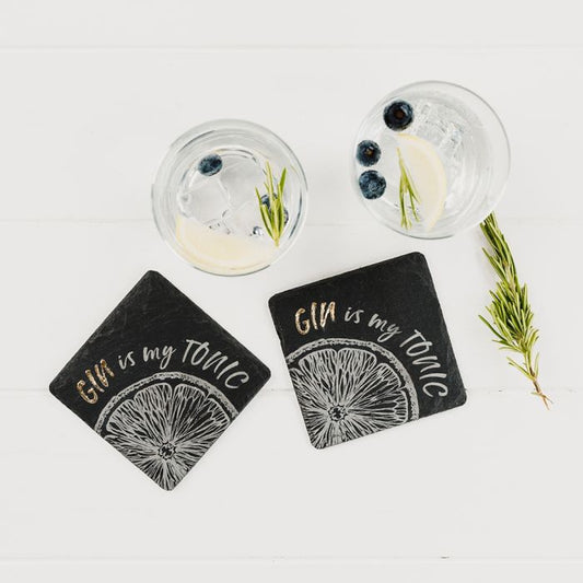 Two Gold Leaf Slate Coasters - Gin is My Tonic