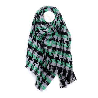 Green and Black Mix Dogtooth Woven Scarf With Fringe