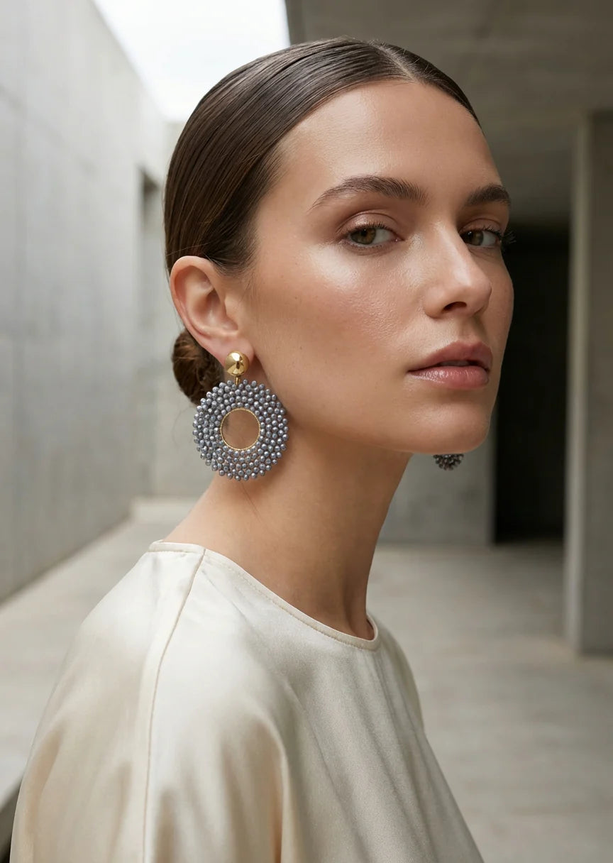 Envy Round Grey Faceted Bead Earrings