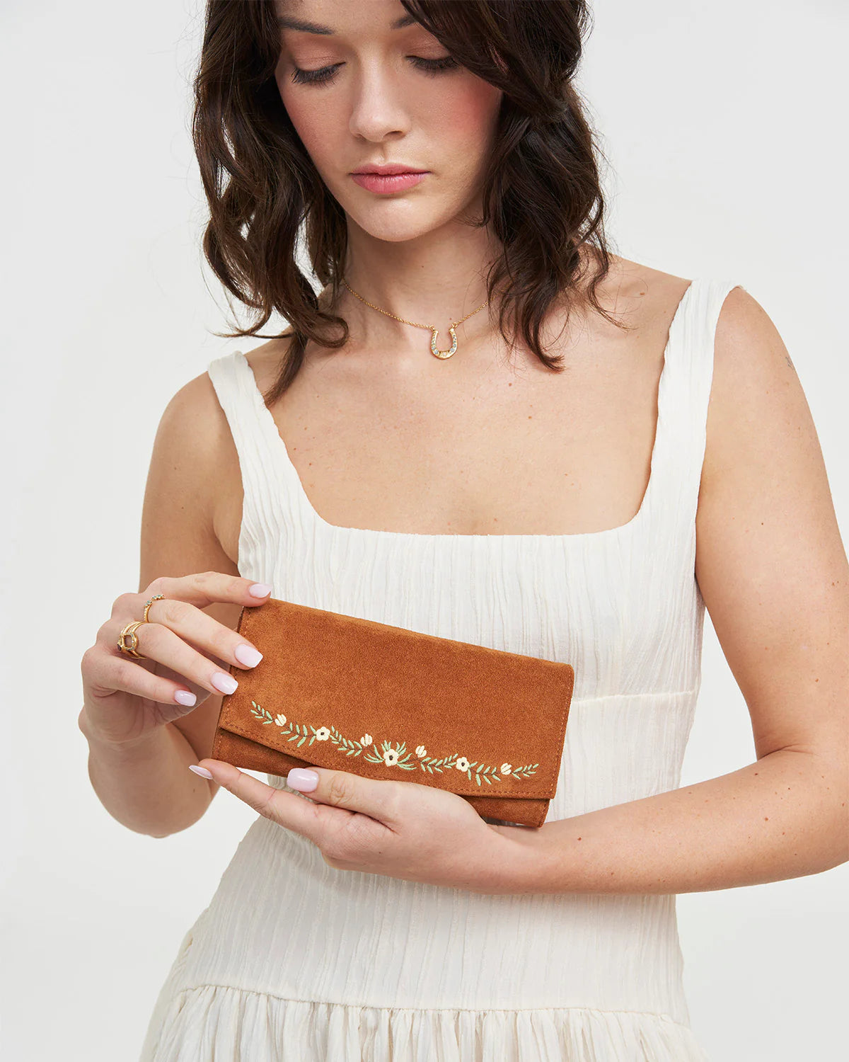 Fable Floral Embroidered Faux Suede Purse Tan