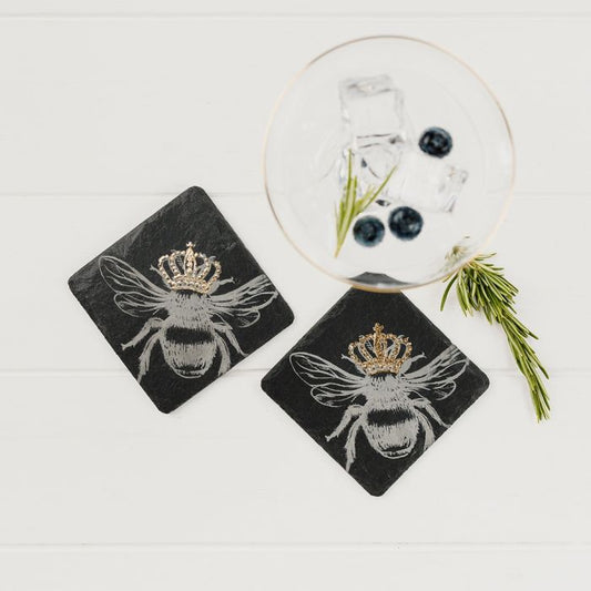 Two Gold Leaf Slate Coasters - Crowned Bee