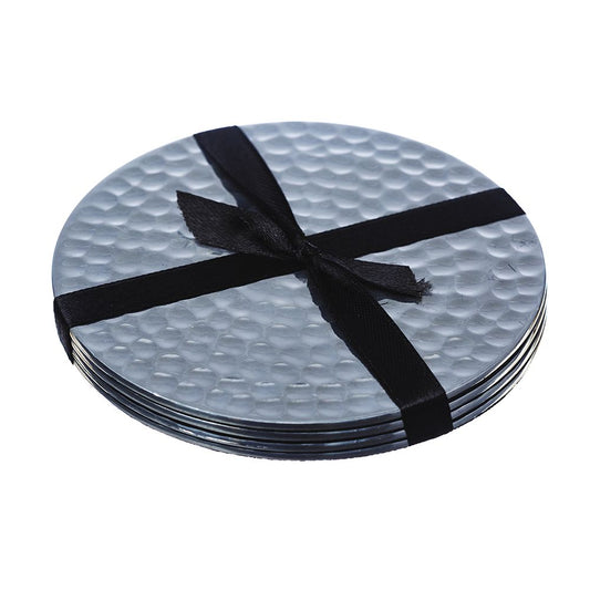 Set Of Four Flat Hammered Coasters Silver